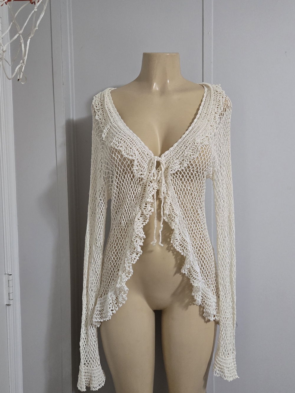 Cardigan Cream Crochet Open-Knit Tie-Front Blazer Jacket - Picture 2 of 11